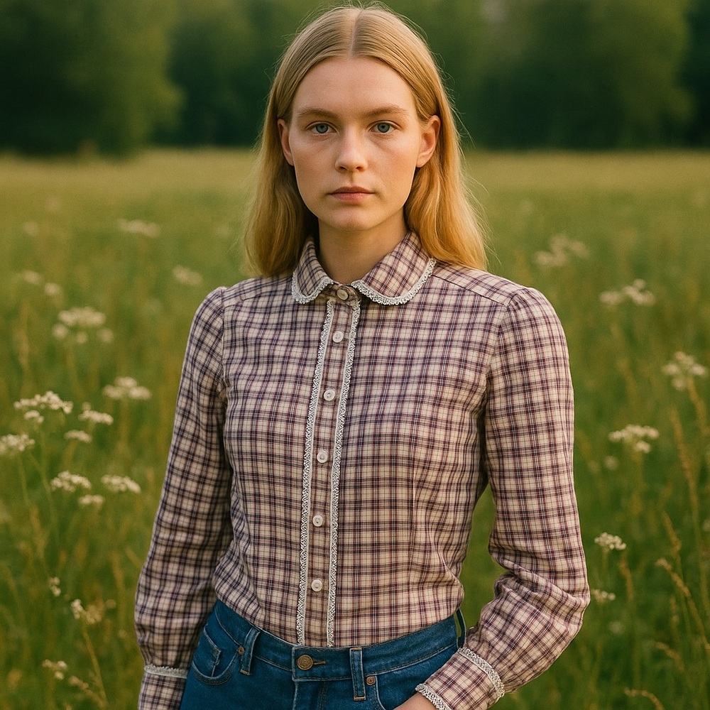 Vintage plaid blouse 5/6 cottage prairie lace trimmed country S Eva